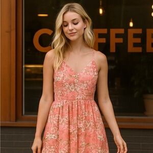 GB~Gianni Bini Pink Floral A-line Midi Dress Size L!!!🩷🌸